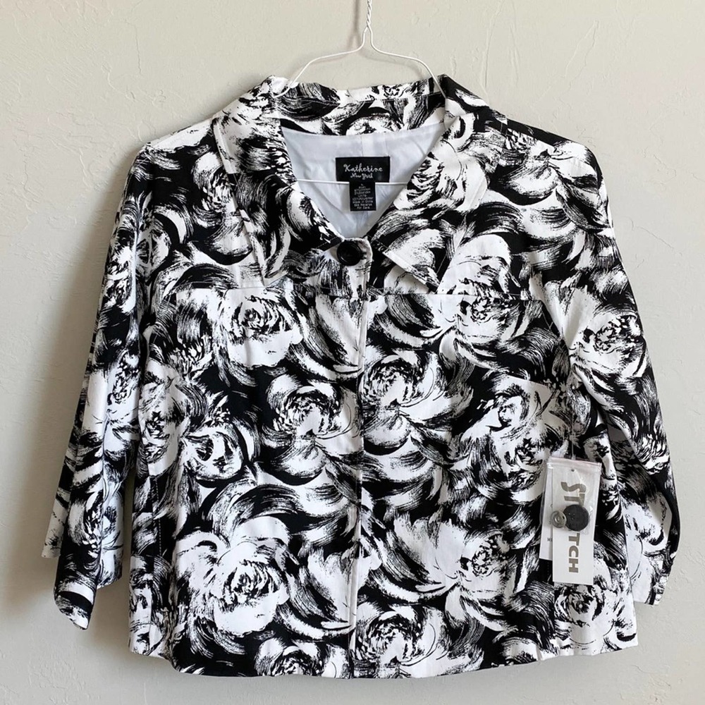 KATHERINE NEW YORK Women's Black/White Floral Lined Single Button Blazer sz L